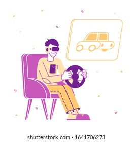 Man in Vr Headset Having Fun while Driving on Car Racing Simulator Cockpit Sitting at Home in Comfortable Chair Holding Steering Wheel. Virtual Reality Game Cartoon Flat Vector Illustration, Line Art