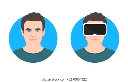 Man in a VR headset. Male avatar icon or portrait with and without virtual reality glasses. Handsome young man face. Vector illustration.