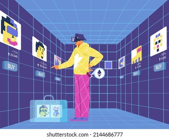 Man in VR headset in metaverse art gallery buying nft art flat vector illustration. Collector with briefcase with NFT portfolio in virtual art gallery. Investment in nft concept.