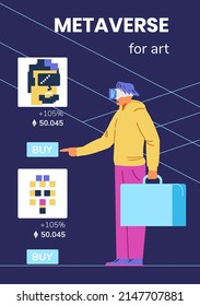 Man In VR Headset In Metaverse Art Gallery Buying Nft Art Flat Vector Illustration. Collector With Briefcase With NFT Portfolio In Virtual Art Gallery. Investment In Nft Concept.