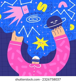 	
Man with a VR headset sees virtual reality space, planets, comet. Illustration of future technologies with cute hand drawn doodle boy.  Vector illustration with a man immersed in the virtual world.