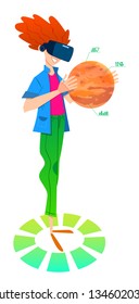 Man in VR headset studying the planet Mars. Cartoon style illustration.