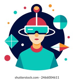 A man in VR headset surrounded by geometric shapes