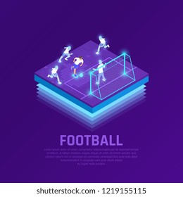 Man in vr headset and virtual players during soccer game isometric composition on purple background vector illustration