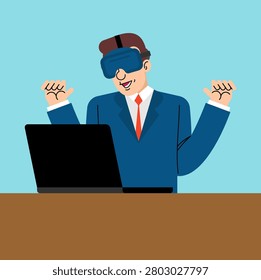 Man in VR headset working at a laptop. Concept of future work, immersive experience, remote job, and tech innovation. Perfect for metaverse and digital workplace themes.

