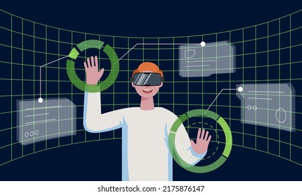 Man with VR helmet connecting to futuristic technology metaverse virtual reality and surrounded with future interface 3d hologram big data. Person working with meta cyber space headset. Vector eps