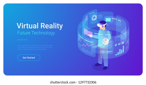 Man in VR helmet in Virtual Reality vector isometric flat illustration.