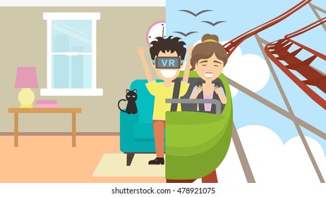 Man in vr riding rollercoaster. Young smiling man having fun in virtual reality game. Virtual amusement park with roller coaster.