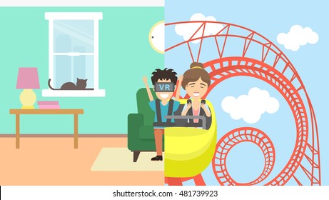 Man in vr riding rollercoaster. Young smiling man having fun in virtual reality game. Virtual amusement park with roller coaster.