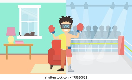 Man in vr at the ring. Happy smiling young man in vr glasses playing video game at home. Fighting and winning at the boxing ring.
