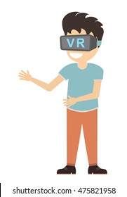 Man in vr. Teen boy or adult man in vr glasses standing on white background. Augmented reality and cyberspace. Video game or 3D film.