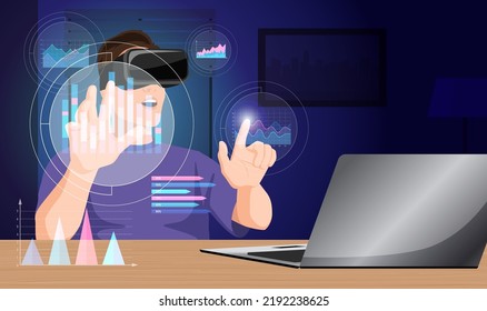 Man in vr trading with laptop. Office trader analyzing infographics with virtual reality. Business manager working with 3d market hologram data, forex stocks, finance graphs, bars. Vector