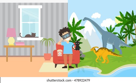 Man in vr watching dinosaurs. Young smiling teenager sitting at home with popcorn and watching virtual movie about wild jurassic dinosaurs. New technologies and augmented reality.