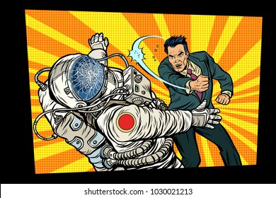 man vs astronaut, fight. Pop art retro comic book vector cartoon vector illustration hand drawing