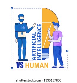 Man VS Machine. Artificial Intelligence Versus Human. Conversation, Dispute of Human and Humanoid Robot. Competing in Future. Concept of Choice Between Technologies and Humanity. Who is Smarter