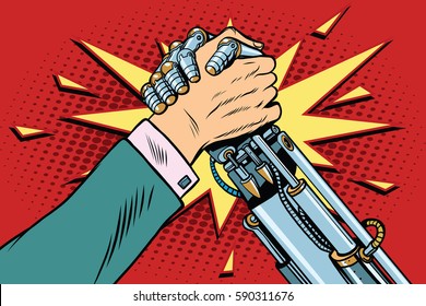 Man Vs Robot Arm Wrestling Fight Confrontation, Pop Art Retro Vector Illustration. New Technology Progress