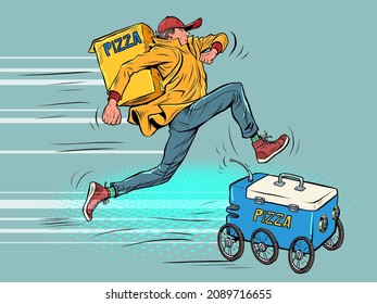 Man vs robot, food delivery. Courier competes with new technologies. Pop Art Retro Vector Illustration 50s 60s Kitsch Vintage Style