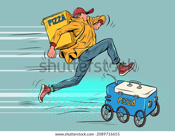 Man vs robot, food delivery. Courier competes with\
new technologies. Pop Art Retro Vector Illustration 50s 60s Kitsch\
Vintage Style