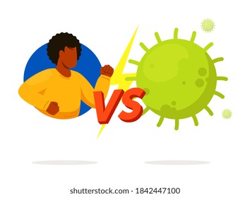Man vs virus. Afro-american man fighting versus virus, bacterial or germ infection isolated on white background. Stop coronavirus outbreak vector illustration