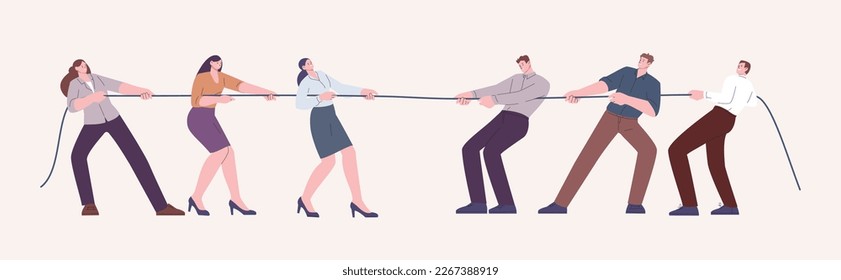 Man vs woman concept. Pulling rope female and male business team. Office workers competition, feminism, gender gap and confrontation vector scene