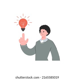 A man is waist-deep who had an idea in the form of a light bulb. Isolated. Element for presentations, sites. Vector illustration