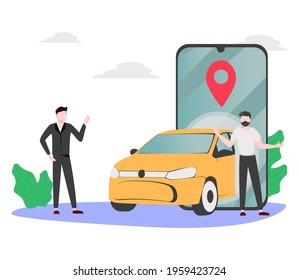 Man wait for taxi driver vector illustration concept, Online car sharing with cartoon character and smartphone. Can use for landing page, template, ui, web, mobile app, poster, banner or flyer.