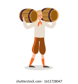 Man waiter carrying fresh beer drink in barrels vector illustration