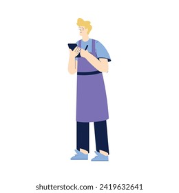 Man Waiter Character in Purple Apron Standing and Write Order Vector Illustration