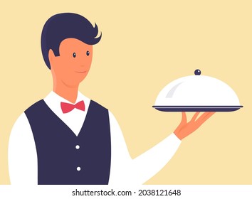 Man waiter with a dish in his hand. Elegant suit and bow tie. Vector cartoon illustration