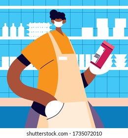man waiter with face mask, safety and prevention vector illustration design