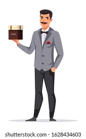 Man waiter holding brown cardboard package box. Male character wearing formal suit presenting new cake taste. Person standing on white. Food, sweets, gifts presentation. Vector illustration