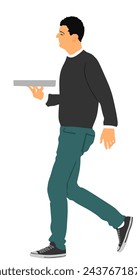Man waiter holding empty tray for order drinks for guests vector illustration. Restaurant servant taking orders. Pub worker serve wine drinks for client. Boy barman welcomes guest with beverage.