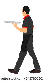 Man waiter holding empty tray for order drinks for guests vector illustration. Restaurant servant taking orders. Pub worker serve wine drinks for client. Boy barman welcomes guest with beverage.