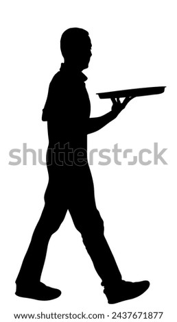 Man waiter holding empty tray for order drinks for guests vector silhouette. Restaurant servant taking orders. Pub worker serve wine drinks for client. Boy barman welcomes guest with beverage.