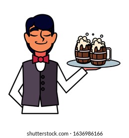 man waiter holding tray beer glasses on white background vector illustration design