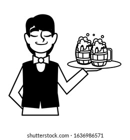 man waiter holding tray beer glasses on white background vector illustration design