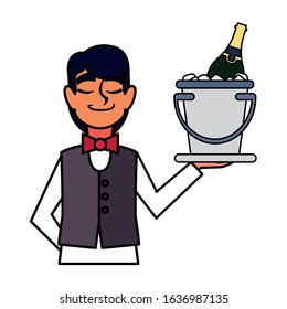 man waiter holding tray with bottle wine on white background vector illustration design