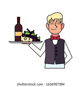 man waiter holding tray with bottle wine on white background. vector illustration design.