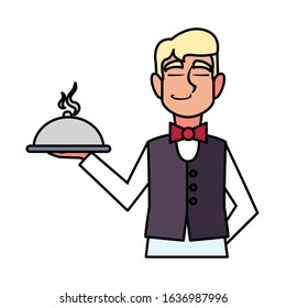 man waiter holding tray on white background. vector illustration design.