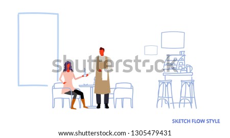 man waiter serving coffee drink to woman visitor sitting at cafe table modern restaurant interior male female cartoon characters full length sketch flow style horizontal
