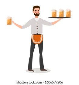 Man waiter in uniform and apron serving beer vector illustration