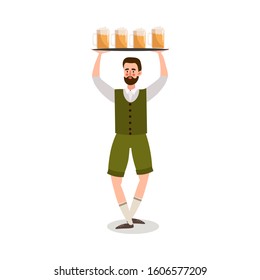 Man waiter in uniform serving beer on tray vector illustration