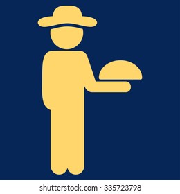 Man Waiter vector icon. Style is flat symbol, yellow color, rounded angles, blue background.