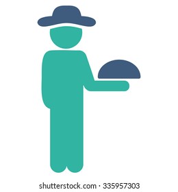 Man Waiter vector icon. Style is bicolor flat symbol, cobalt and cyan colors, rounded angles, white background.