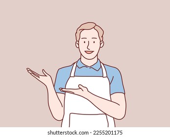 Man waiter wearing apron show and present pointing hand simple korean style illustration