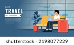 Man Waitiing And Working With Laptop At Depature Area In Airport Terminal, Vector, Template