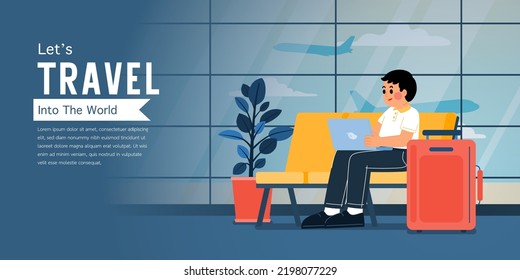 Man Waitiing And Working With Laptop At Depature Area In Airport Terminal, Vector, Template