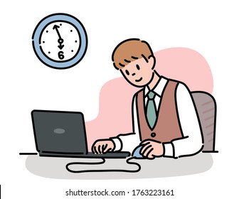 A man is waiting for 6 o'clock to get off work. hand drawn style vector design illustrations. 