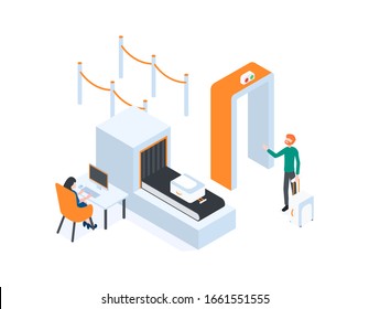 Un hombre está esperando en el punto de control de equipaje en el aeropuerto. Ilustración isométrica vectorial. 
