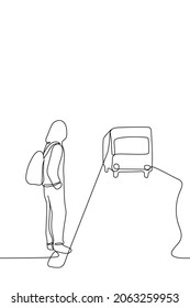 man is waiting for the bus - one line drawing. man in a hoodie with a backpack stands and looks at the approaching bus, passenger is waiting for transport 